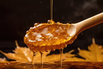 close-up of golden maple syrup dripping off a wooden spoon, created with generative ai