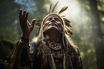 Apache Indian shaman is a native American man. The concept of Columbus day and the discovery of America. Portrait - obrazy, fototapety, plakaty