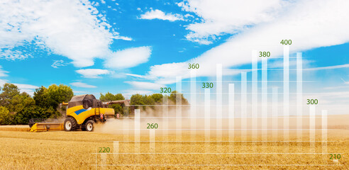 Global grain and wheat crisis. Analytics data and growth graphs. Business candle stick graph chart. Rising Global Wheat and Flour prices. Combine Harvester Cutting Wheat. Agricultural business concept