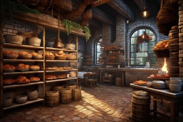 rustic bakery with brick oven background, created with generative ai