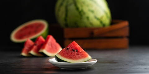 Panoramic image of sliced watermelon, fresh an healthy fruits concept background