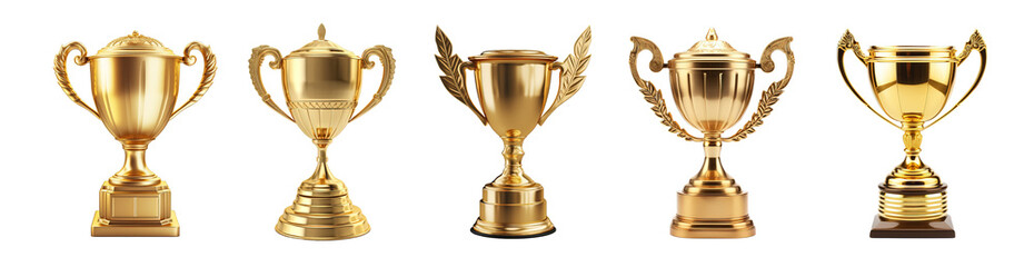 Generative AI, PNG set of 5 trophy cup. Champion trophy, shiny golden cup, sport award. Winner prize