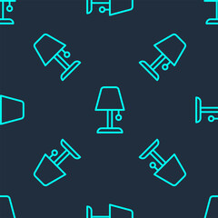 Green line Table lamp icon isolated seamless pattern on blue background. Night light. Vector