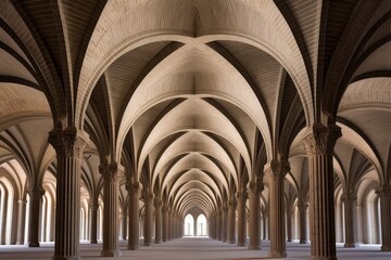Fototapeta premium dramatic perspective of ribbed ceiling arches, created with generative ai