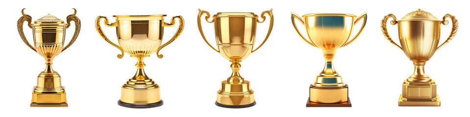 Generative AI, PNG set of 5 trophy cup. Champion trophy, shiny golden cup, sport award. Winner prize - obrazy, fototapety, plakaty