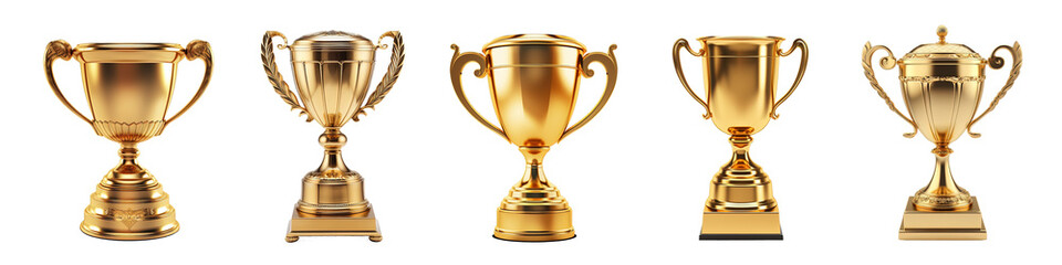 Fototapeta na wymiar Generative AI, PNG set of 5 trophy cup. Champion trophy, shiny golden cup, sport award. Winner prize