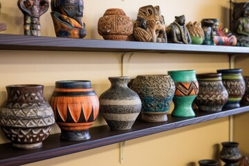 row of finished pottery pieces displayed on shelf, created with generative ai