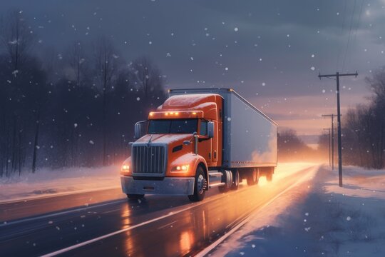 white semi truck driving in snowy weather conditions, created with generative ai