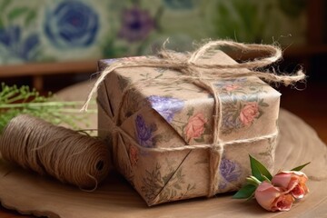 craft paper wrapped gift with natural twine, created with generative ai