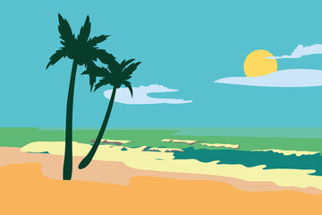Fototapeta na wymiar Vector illustration of a beach and a sea coast landscape. Creative banner or landing page for tour operator or travel agency. Summer theme background.