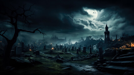 dark clouds over old graveyard at night 