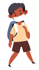 Small kid wearing medical mask going to school