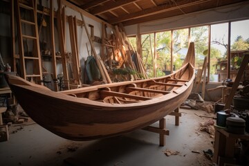 completed wooden boat in outdoor workshop, created with generative ai