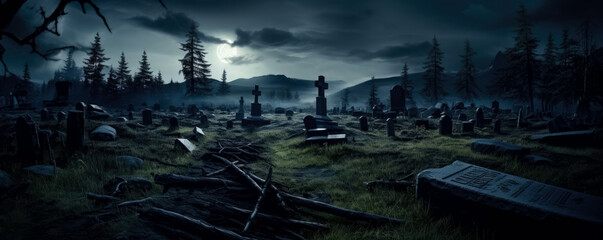 dark clouds over old graveyard at night 