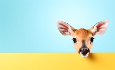 Creative Animal Concept. Deer peeking over pastel bright background. Generative AI.