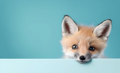 Creative Animal Concept. Fox peeking over pastel bright background. Generative AI.