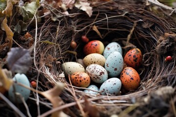 Naklejka na ściany i meble close-up of rare bird eggs in a camouflaged nest, created with generative ai