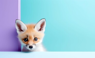 Obraz premium Creative Animal Concept. Fox peeking over pastel bright background. Generative AI.
