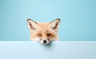 Obraz premium Creative Animal Concept. Fox peeking over pastel bright background. Generative AI.