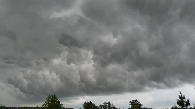 Timelapse with cloudscape - moving grey stormy clouds, rainfall and horizon with green trees. Topics: rainy and stormy weather, meteorology, spring, season.