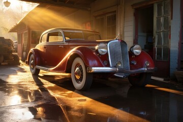 sunlight reflecting on freshly washed antique car, created with generative ai