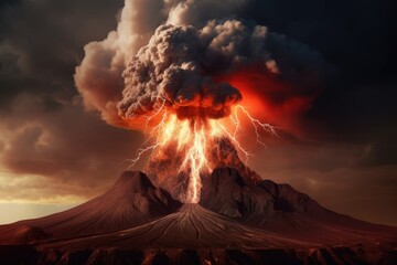 smoky volcanic eruption with electric discharges, created with generative ai