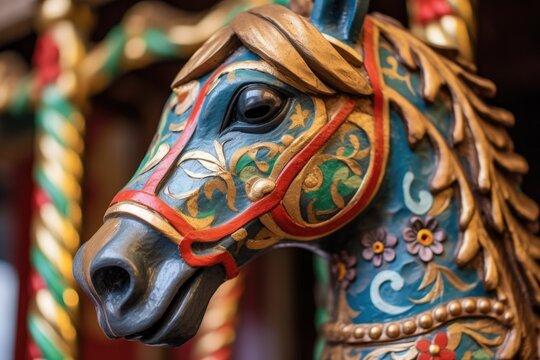 close-up of a beautifully painted wooden carousel horse, created with generative ai
