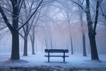 snowy park bench surrounded by fog and frosty trees, created with generative ai