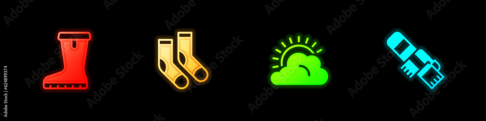 Sticker Set Waterproof rubber boot, Socks, Sun and cloud weather and Winter scarf icon. Vector