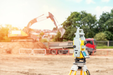 Surveyor equipment EDM tacheometer theodolite set on the tripod outdoors at construction site © Iryna