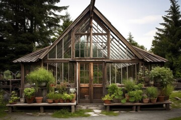 classic greenhouse with a glass roof and rustic wood frame, created with generative ai