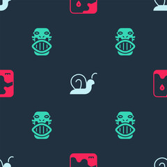 Set Africa safari map, Snail and Mexican mayan or aztec mask on seamless pattern. Vector
