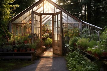 rustic greenhouse doors open to a thriving garden, created with generative ai