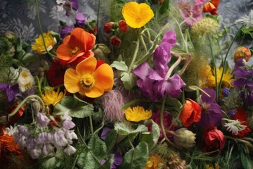 close-up of edible wild flowers in bloom, created with generative ai