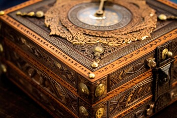 close-up of ornate vintage cigar box with intricate design, created with generative ai