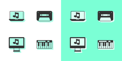 Set Music synthesizer, Laptop with music, Computer note and Retro audio cassette tape icon. Vector