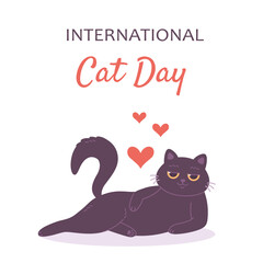 Cute black cat with hearts. International Cat Day. Vector illustration in flat style