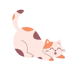 Cute cat stretching and yawning. Domestic pets, feline activities. Home cat life. Vector illustration in flat style