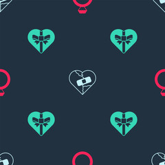 Set Wedding rings, Healed broken heart or divorce and Candy shaped box on seamless pattern. Vector