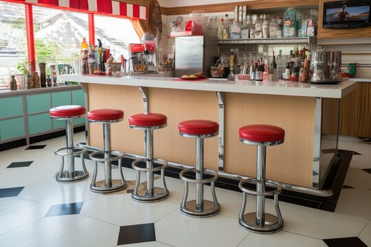 retro diner counter with stools and milkshakes, created with generative ai