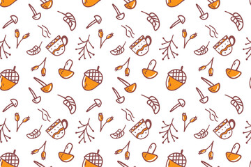 Pattern, background from a set of autumn elements, mushrooms, leaves, acorn. Autumn doodle is a seamless pattern on a white background.