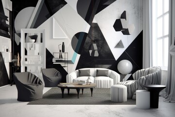 abstract geometric shapes in a monochrome room, created with generative ai