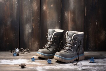 winter boots with snowflakes on wooden background, created with generative ai
