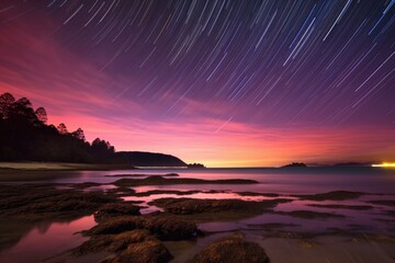 Fototapeta na wymiar vibrant star trails above a tranquil beach coastline, created with generative ai