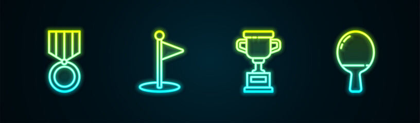 Set line Medal, Golf flag, Award cup and Racket for playing table tennis. Glowing neon icon. Vector