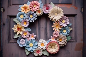 Fototapeta na wymiar handcrafted paper flower wreath on a rustic door, created with generative ai