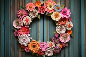 whimsical paper flower wreath on a rustic wooden door, created with generative ai