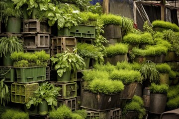 lush green plants growing in stacked containers, created with generative ai
