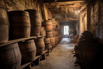 row of old barrels in a rustic cellar, created with generative ai