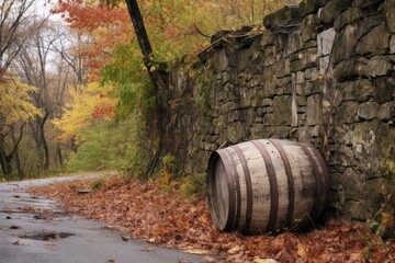 Fototapeta premium aging barrel near an old stone wall, created with generative ai